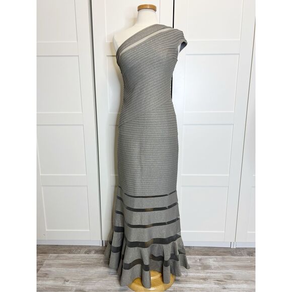Tadashi Womens Gray Ribbed Asymmetrical One Shoulder Evening Dress Gown Sz Small
